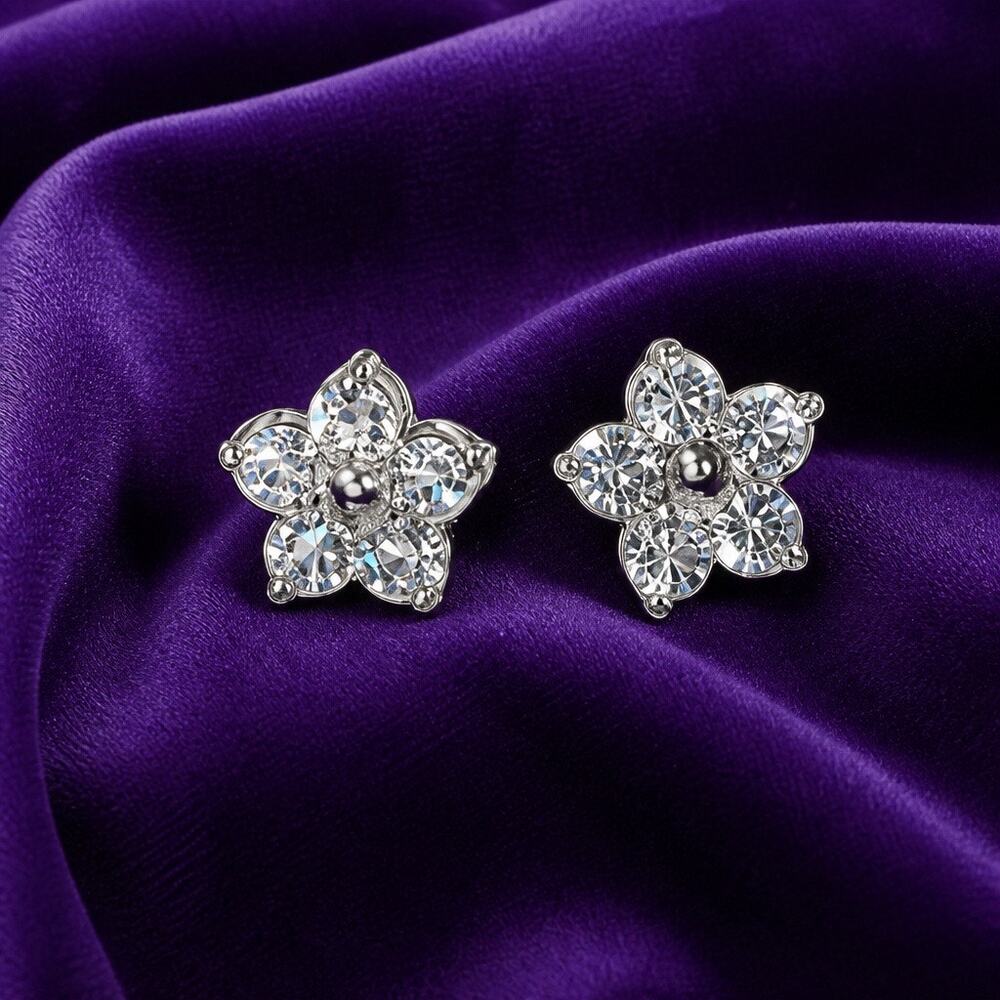 Vintage Silver Crystal Flower Stud Earrings